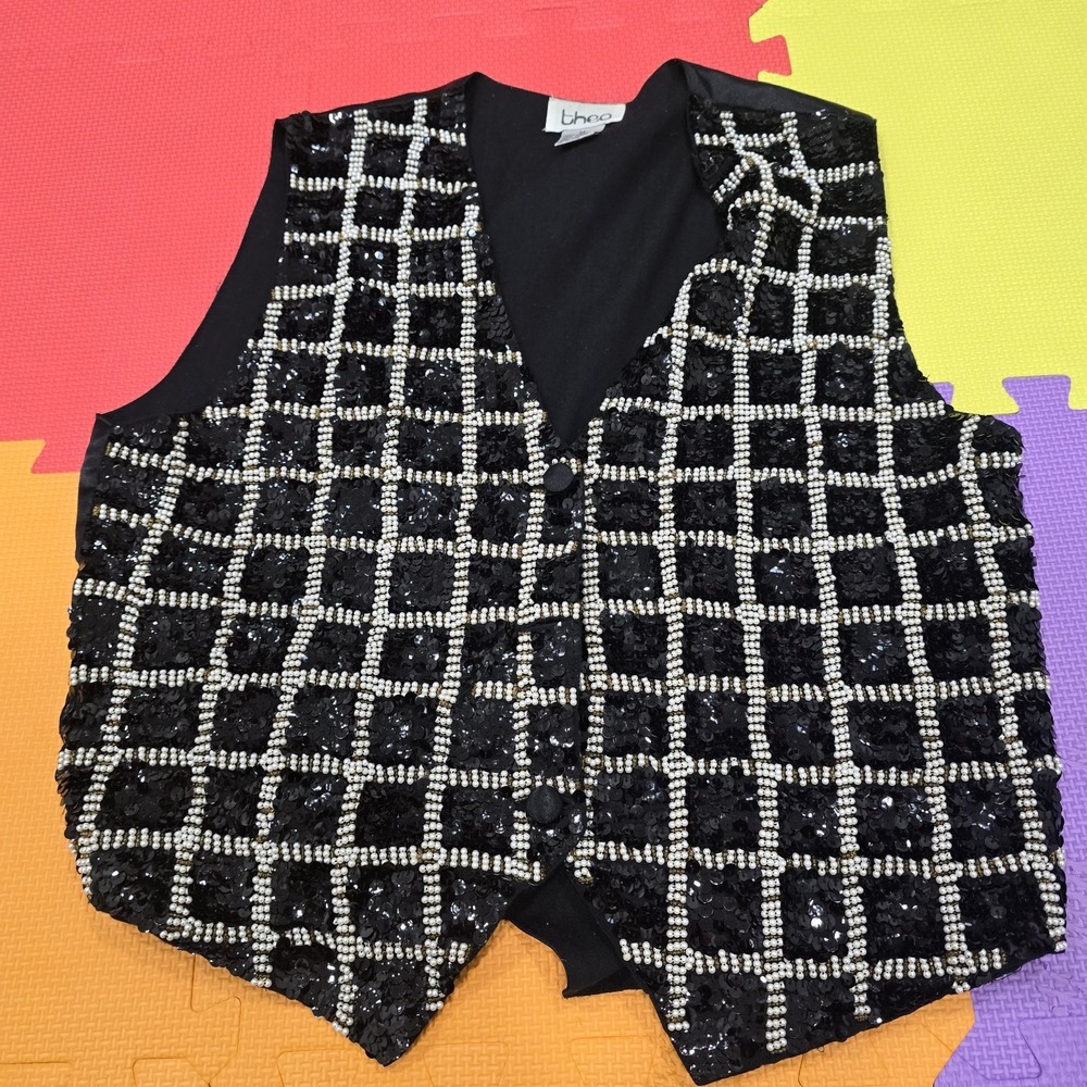 Vintage Theo Black Sequin & Pearl Beaded Vest Women's Medium Grid Pattern Retro